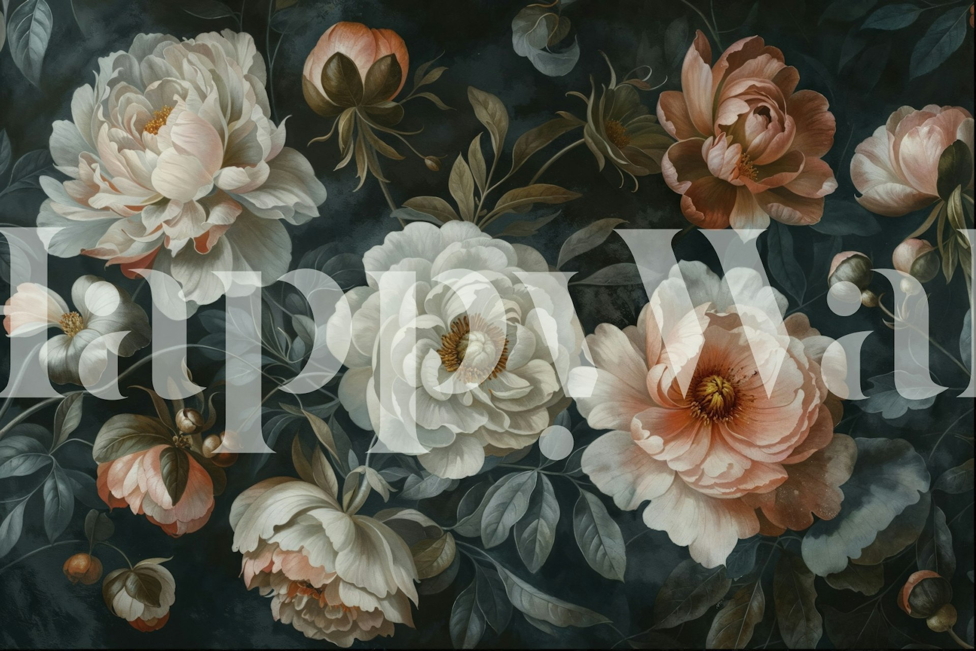 Floral design with peach and white flowers on dark background wallpaper
