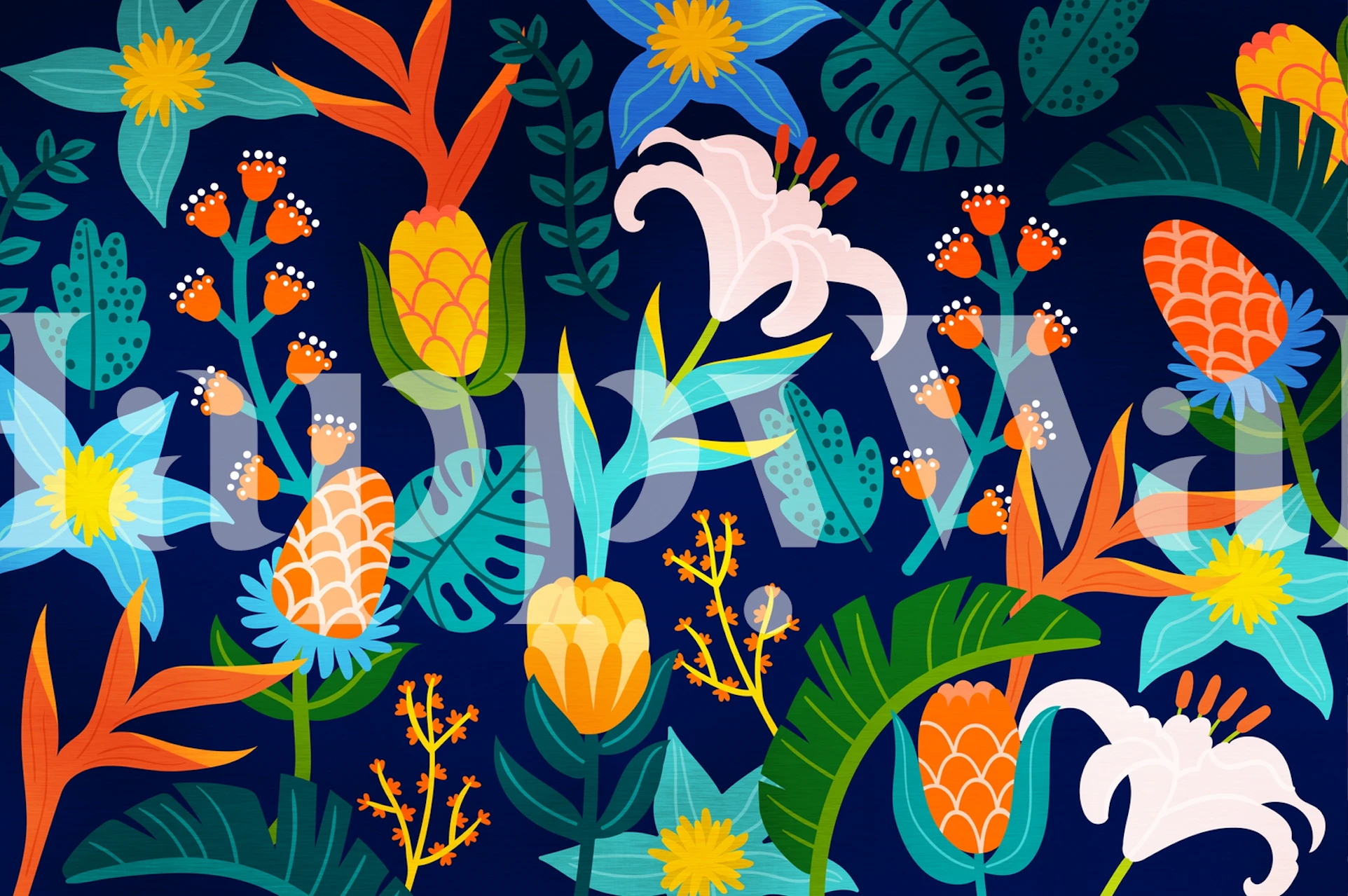 Colorful tropical flowers and leaves on dark background wallpaper