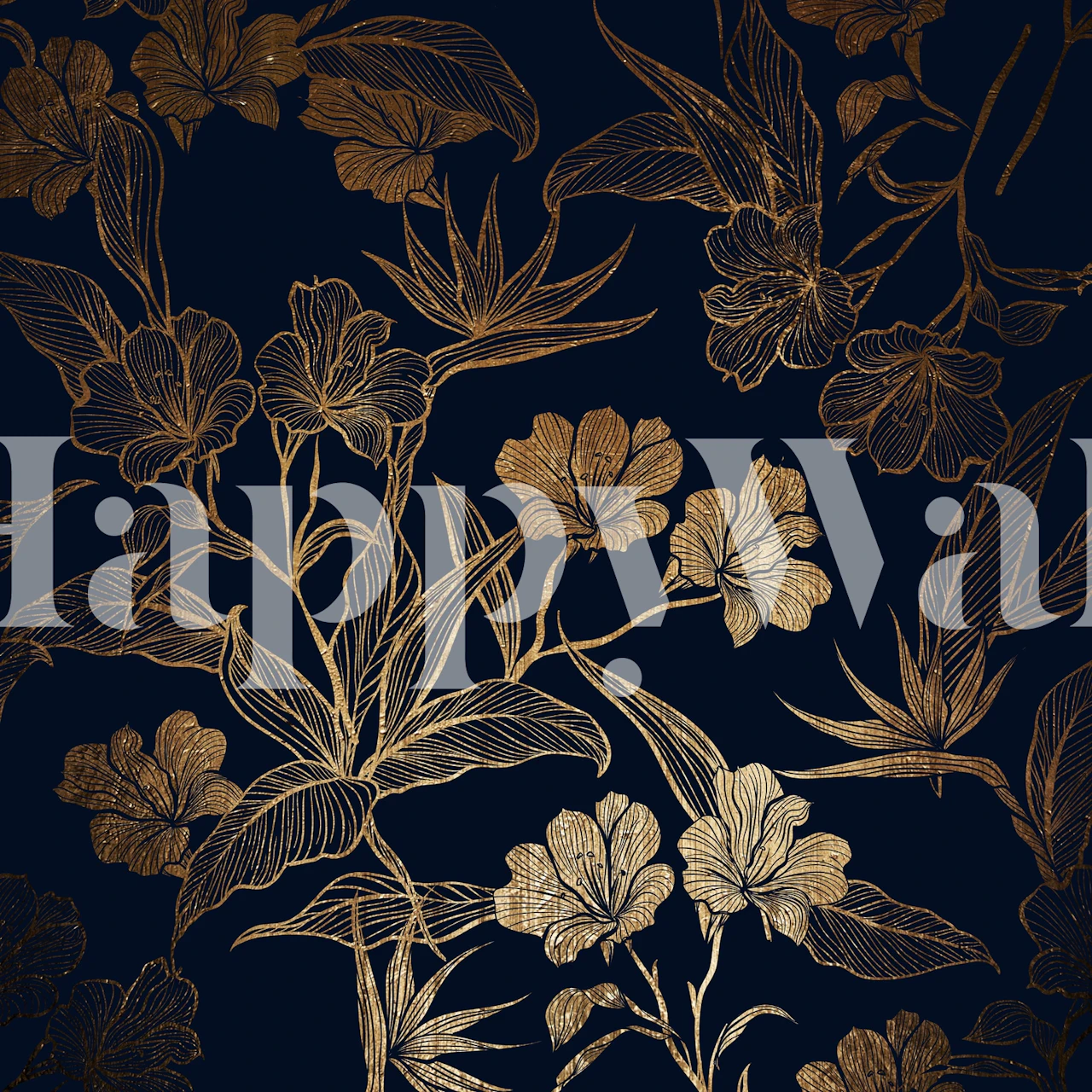 Design floral dourado elegante em um fotomural vinílico de fundo escuro