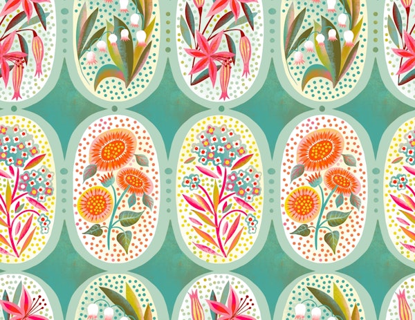 flower medaillons on turquoise