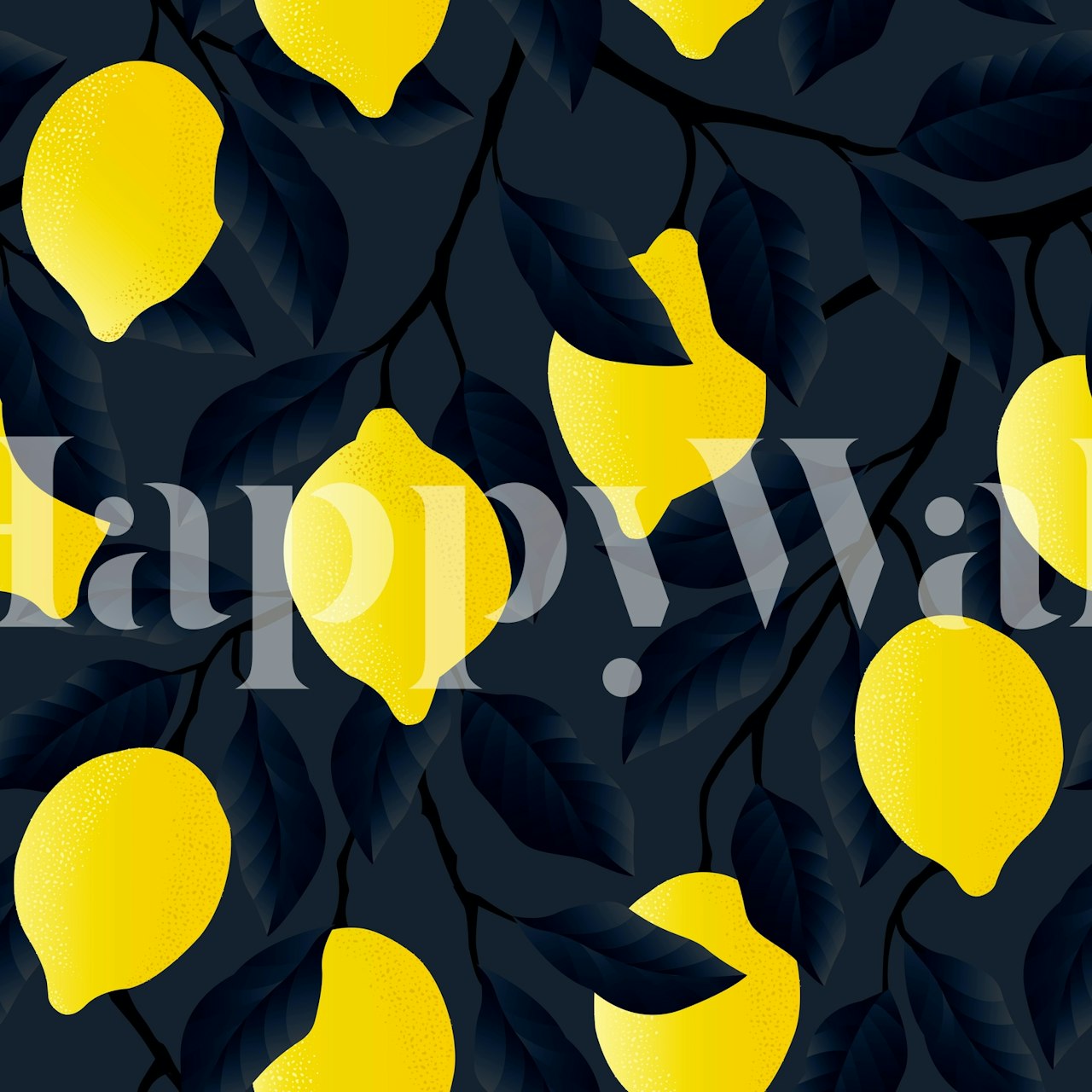 Yellow lemons on dark background with green leaves wallpaper