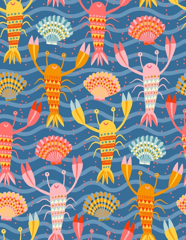 happy lobster parade with sea shells - blue