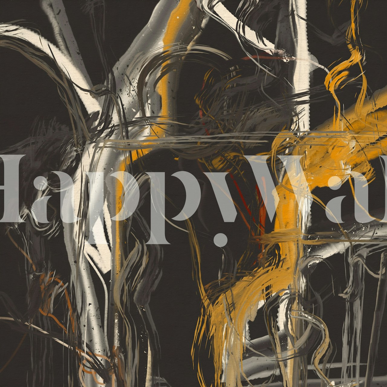 Abstract brush strokes in black, white, gray, and amber wallpaper
