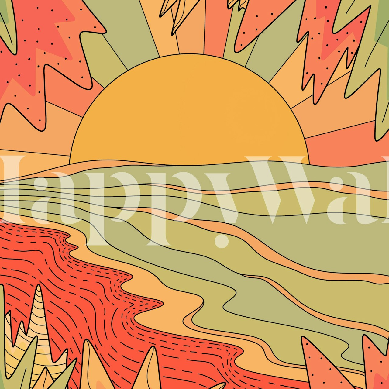 Sunset over wavy ocean with green mountains and trees wallpaper