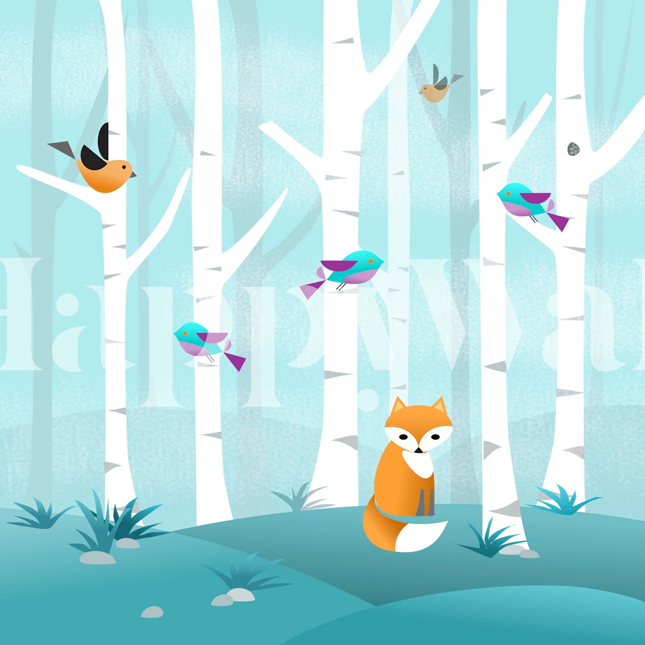Forest scene with a fox and colorful birds among white trees wallpaper
