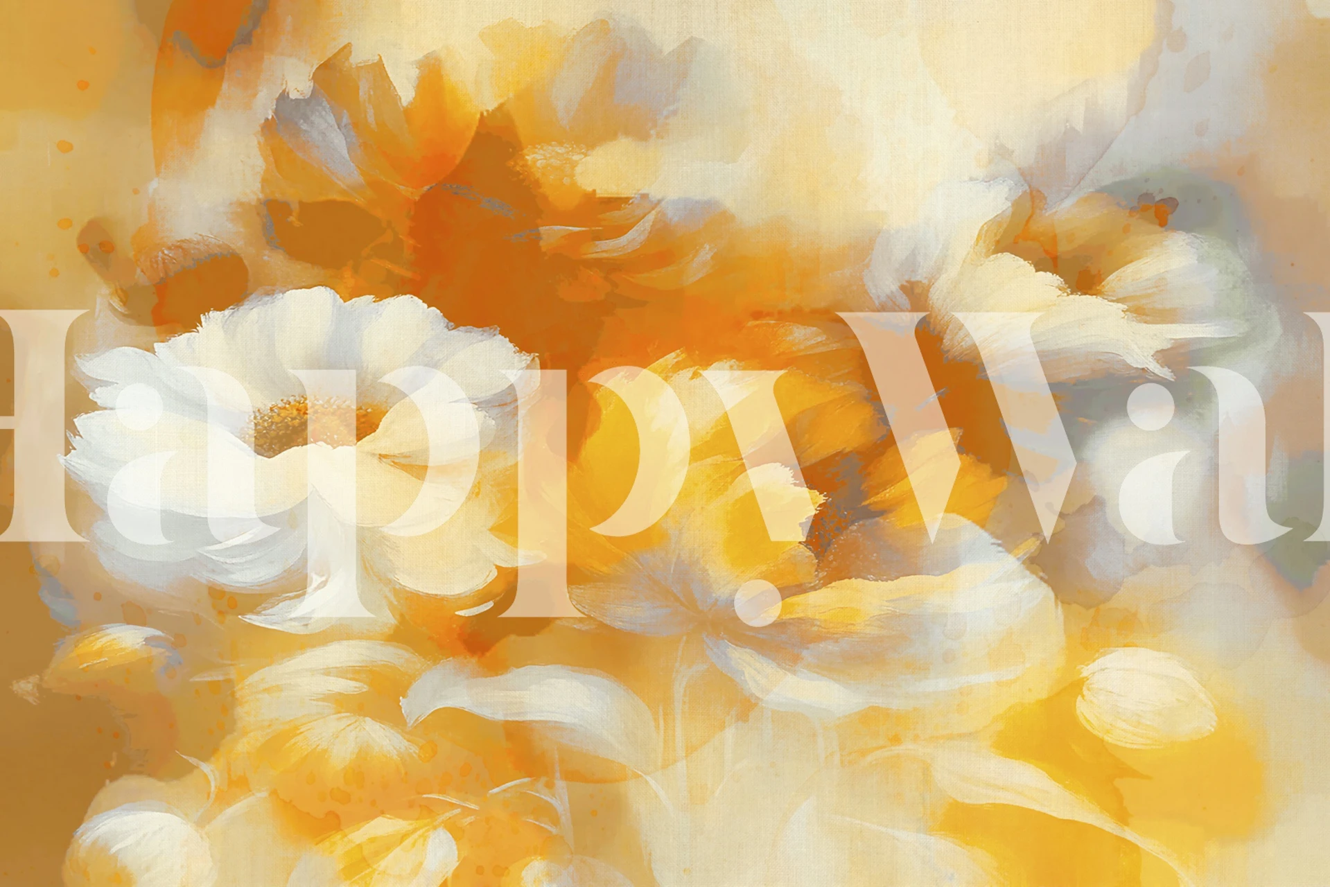 Floral patterns in warm yellow and white tones, artistic brush stroke wallpaper