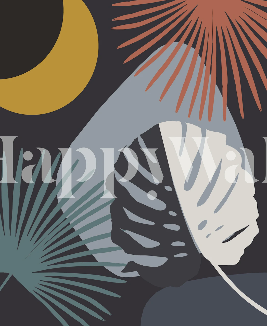 Monstera leaves in dark tones with tropical palm designs wallpaper.