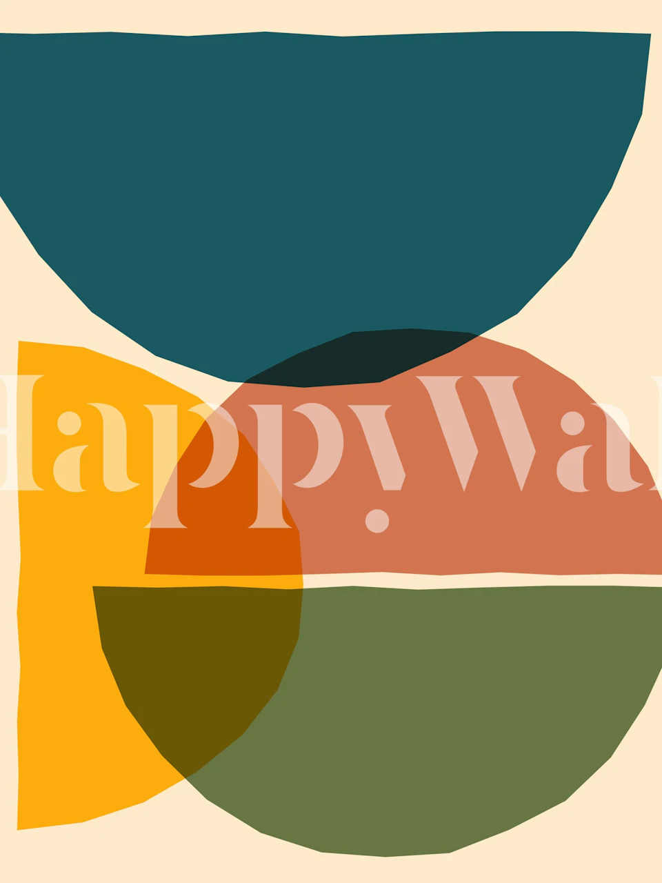 Abstract shapes in green, orange, teal on cream wallpaper