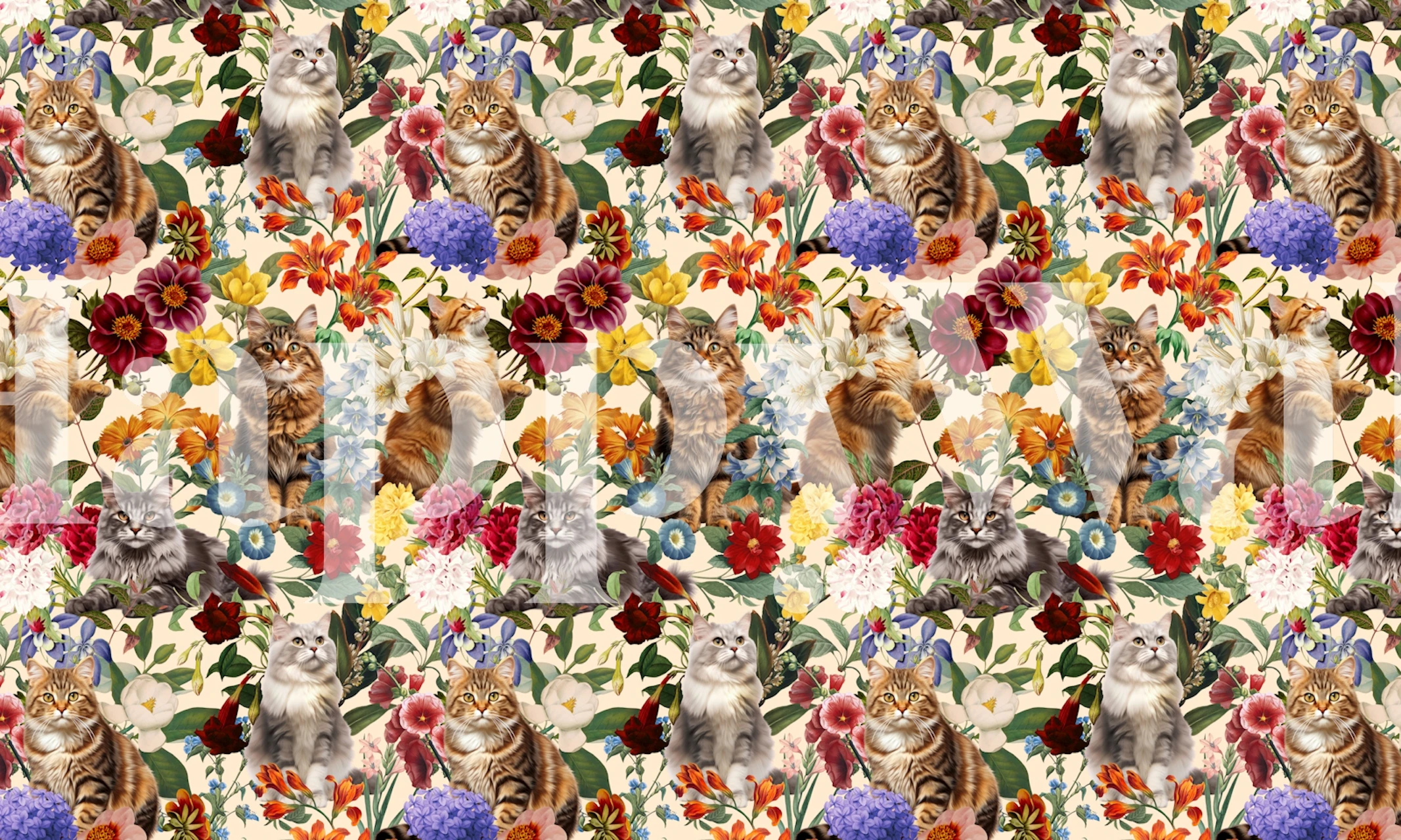 Cat and floral pattern wallpaper in a room