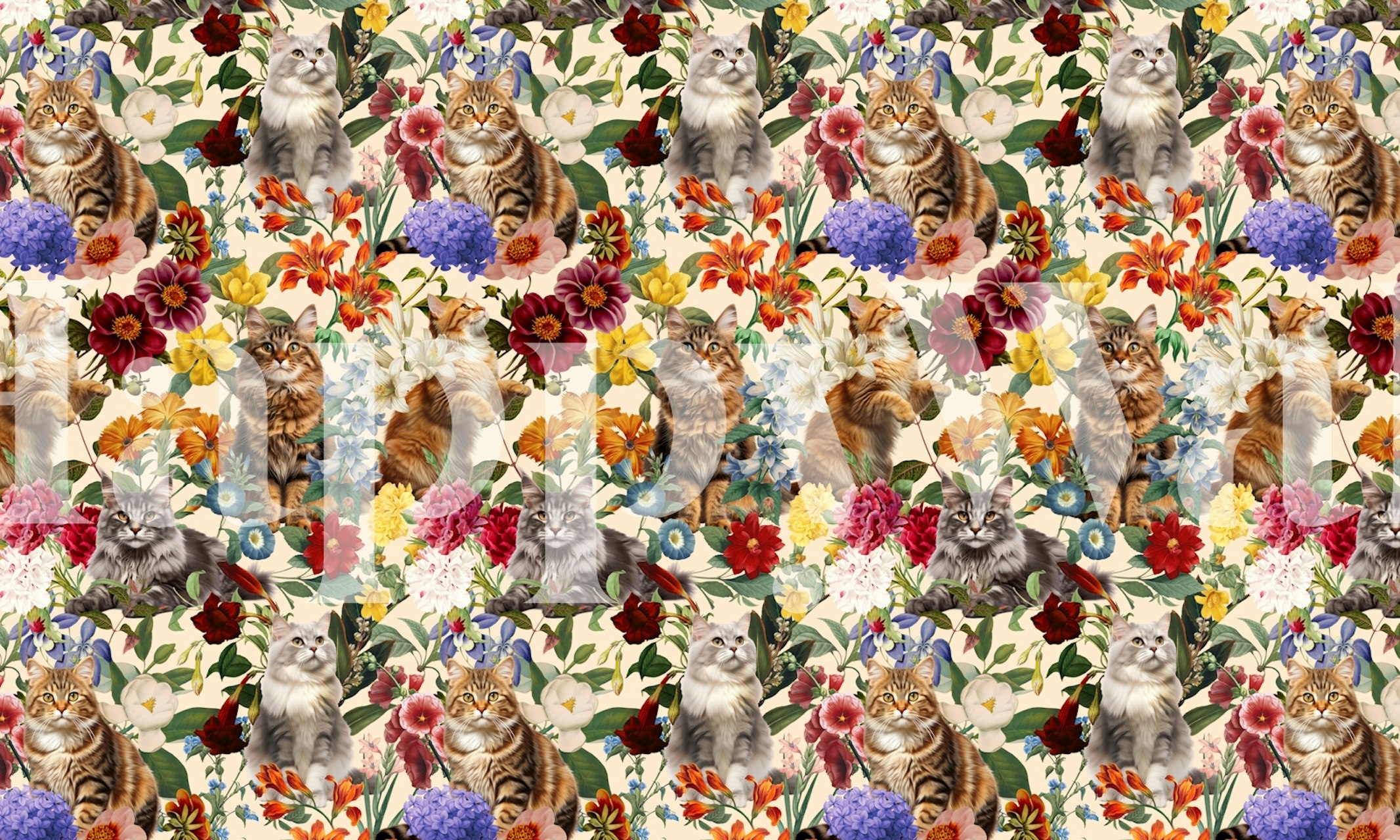 Cat and floral pattern wallpaper i ett rum
