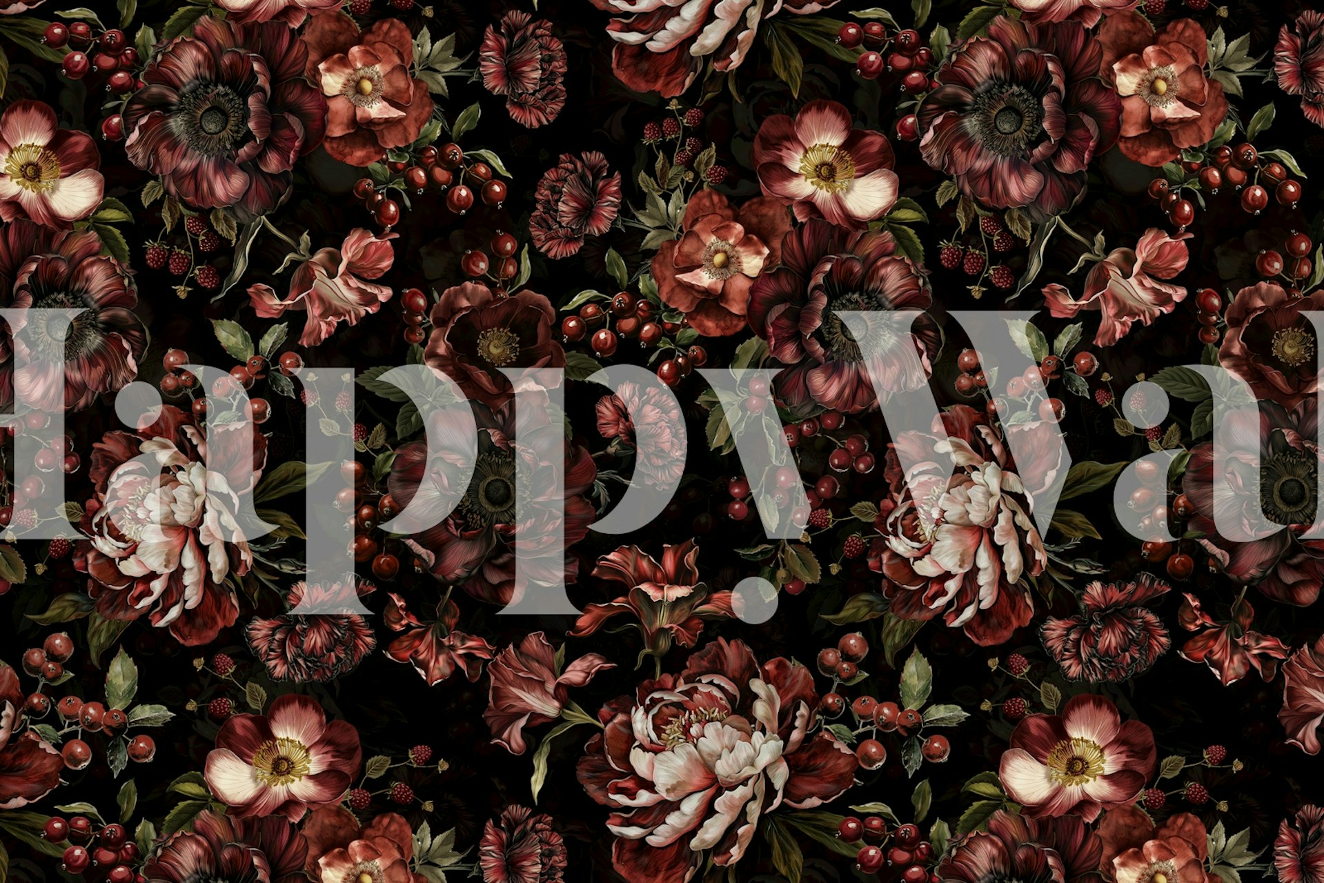 Dark floral pattern featuring rich red flowers and green leaves on black wallpaper