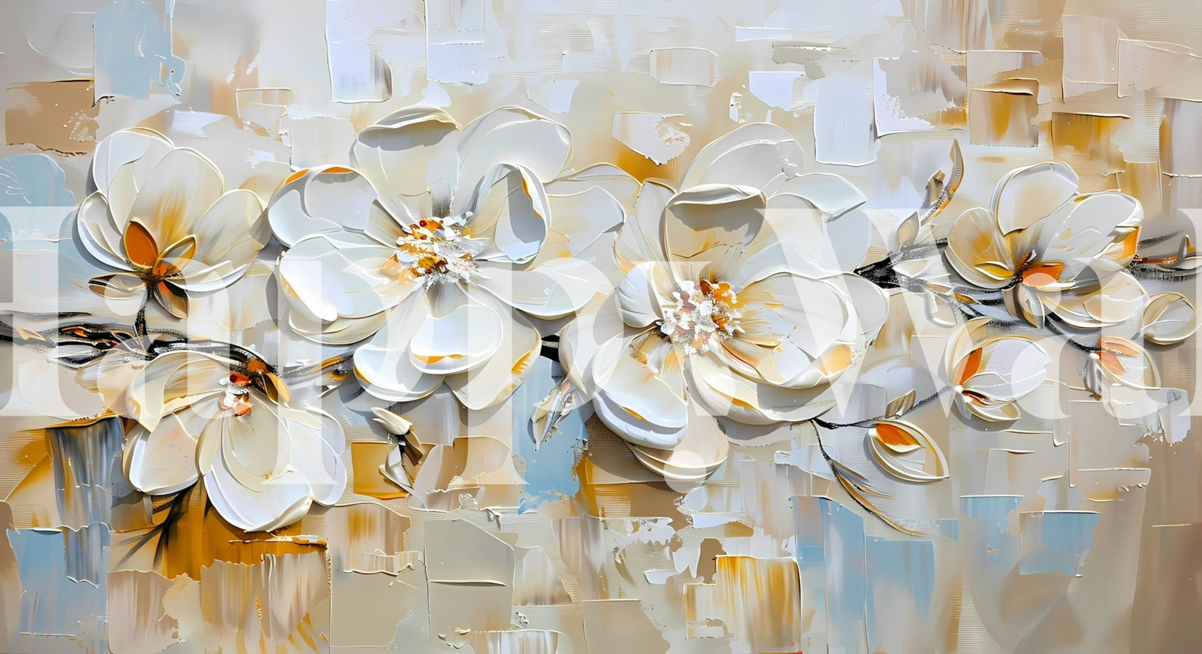 White floral wallpaper with yellow accents and textured background