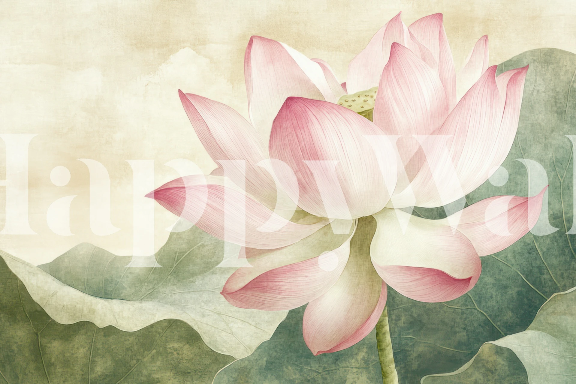 Pink lotus flower with green leaves on a soft background wallpaper