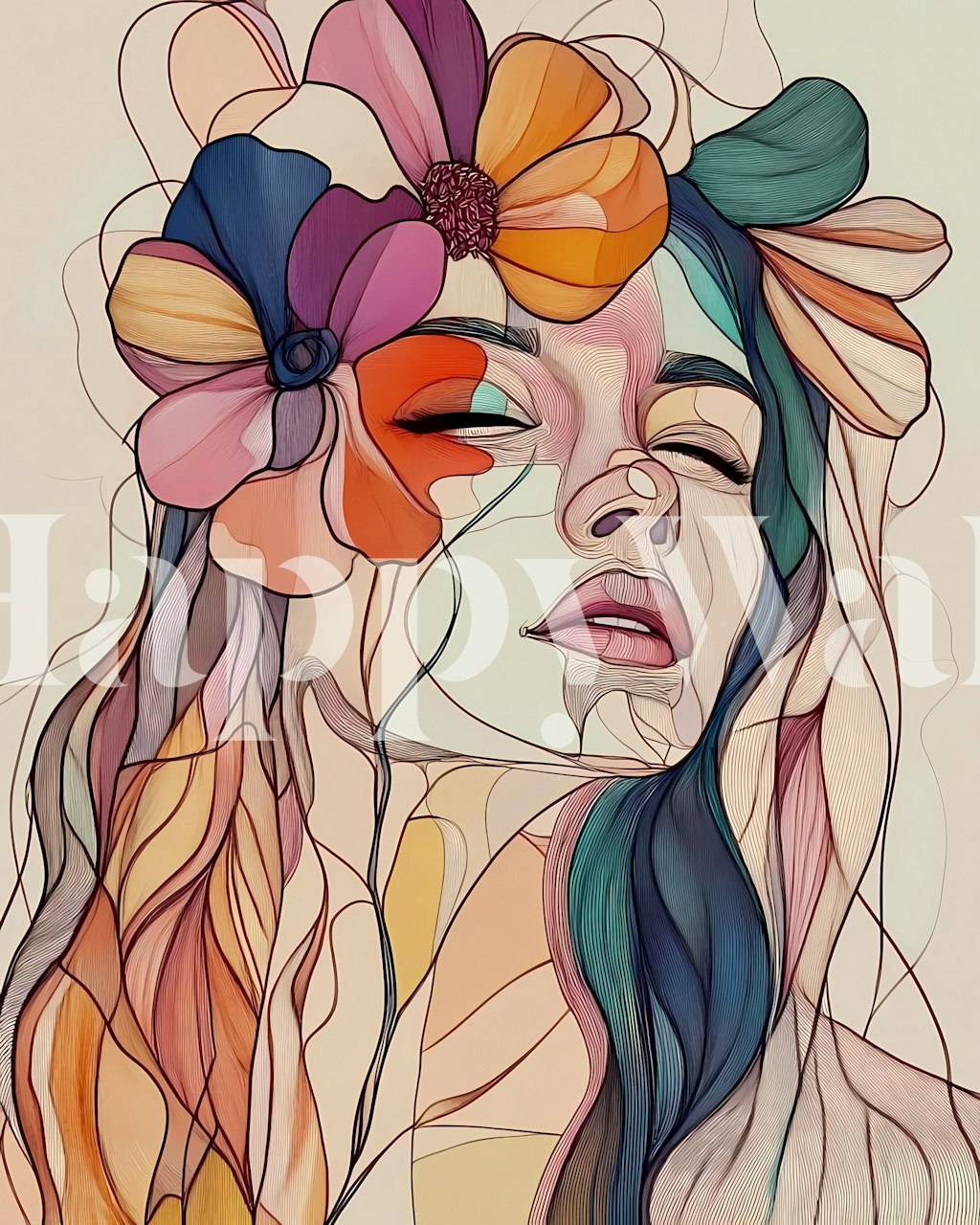 Abstrakte florale Tapete mit einer Frau