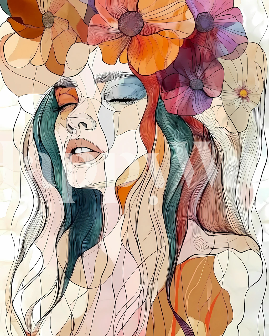 Abstract floral design featuring a woman with multicolored hair and flowers in vibrant colors wallpaper