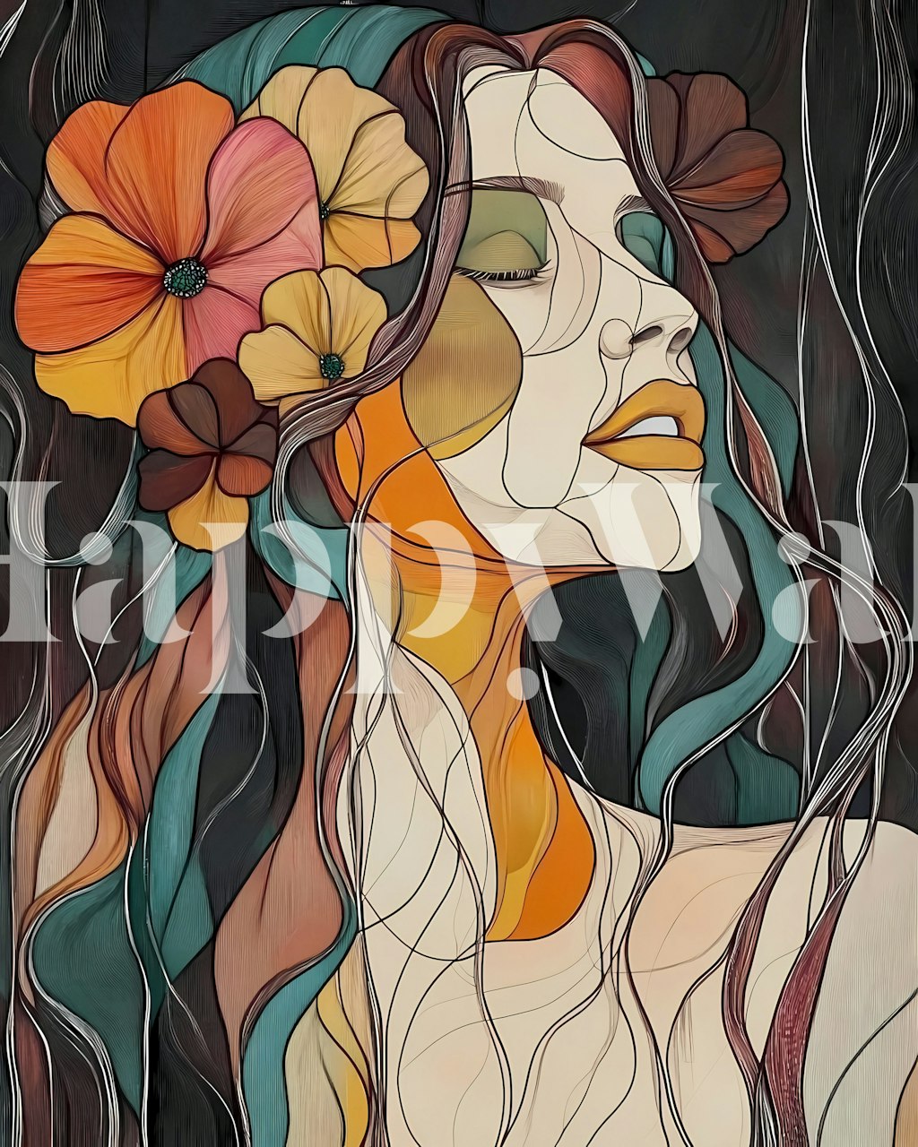 Colorful abstract floral wallpaper featuring a woman with flowers in her hair and flowing lines.