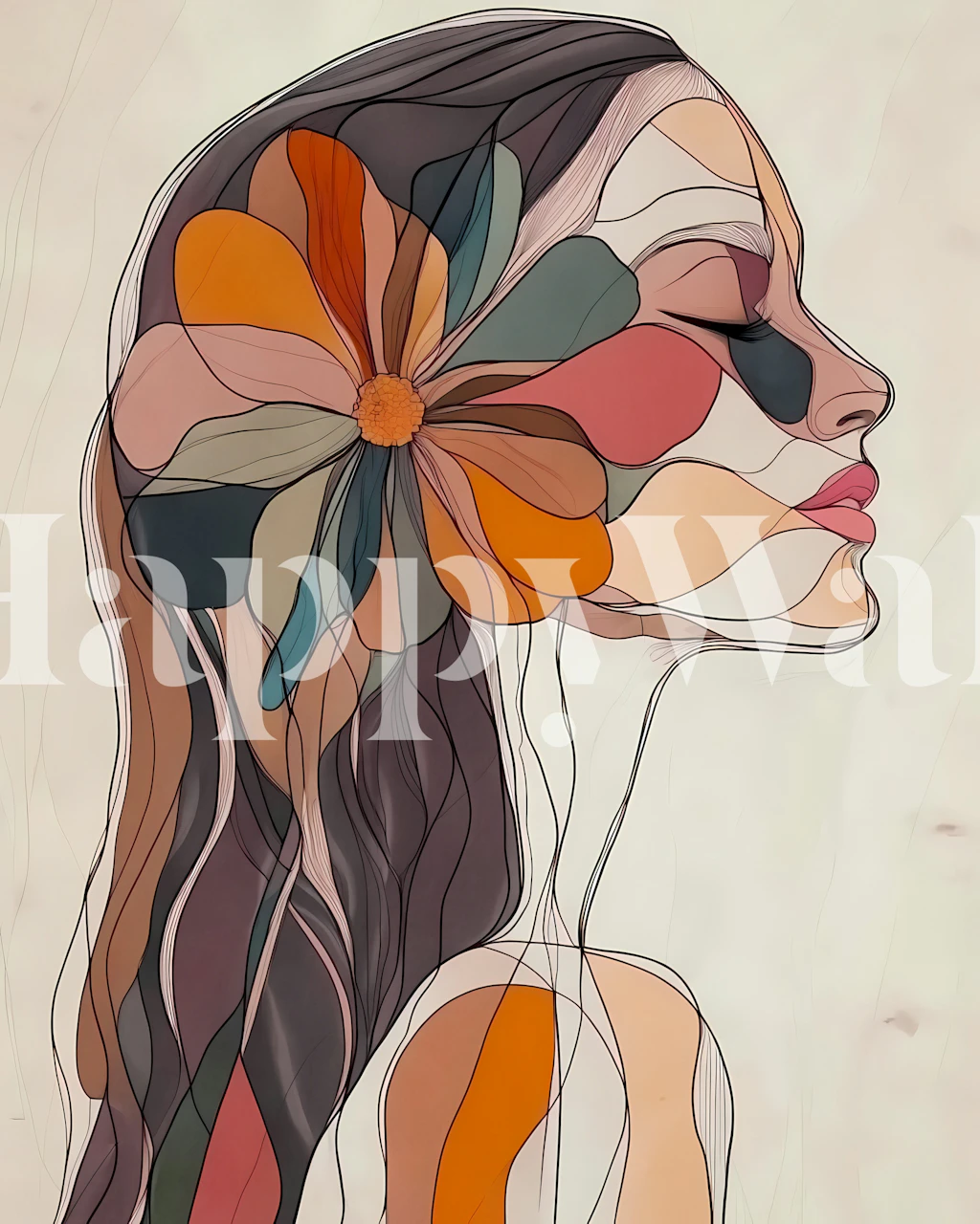 Abstract floral design in warm colors on a woman's silhouette wallpaper