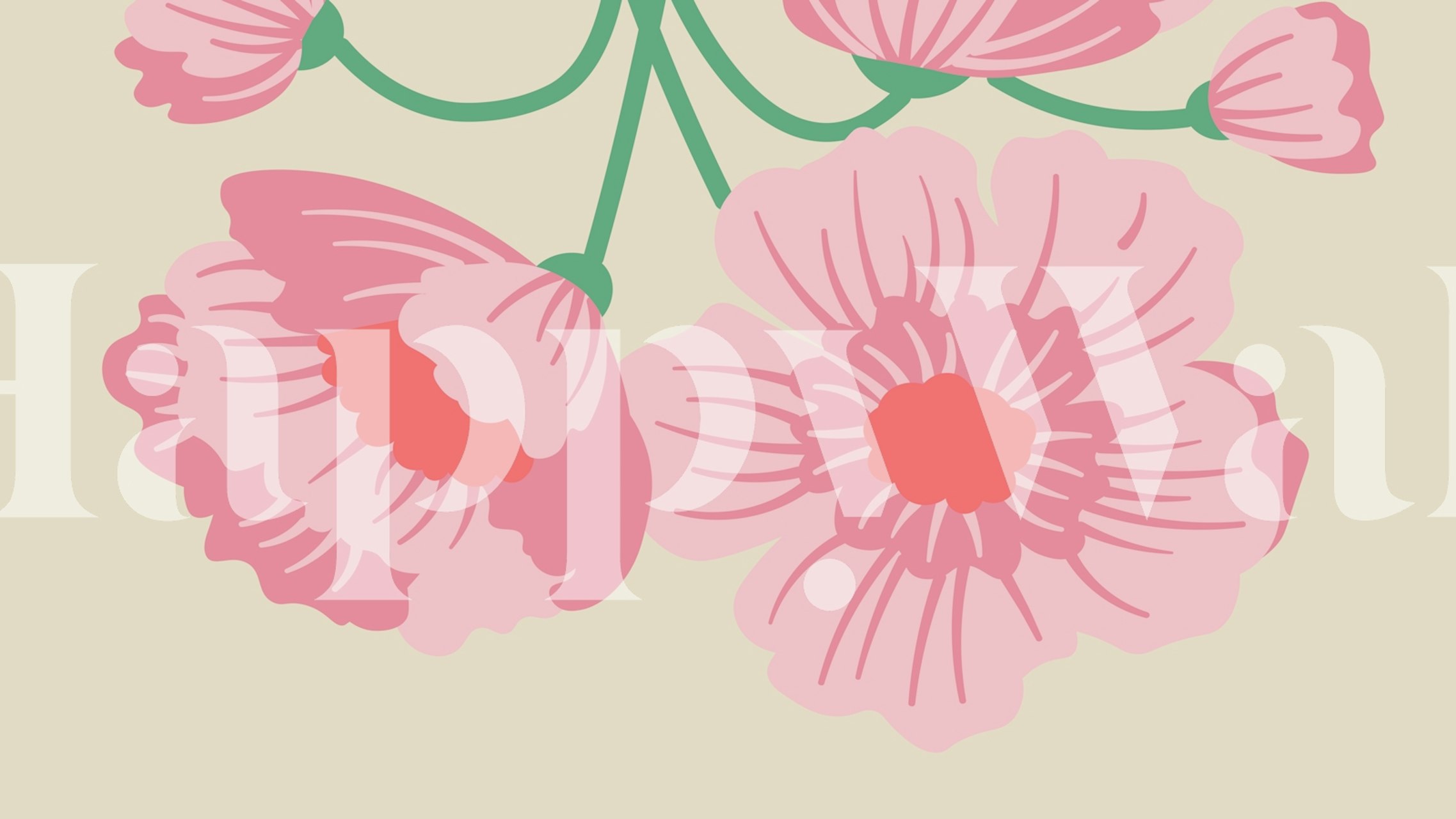 Pink floral design with blossoms and green leaves wallpaper
