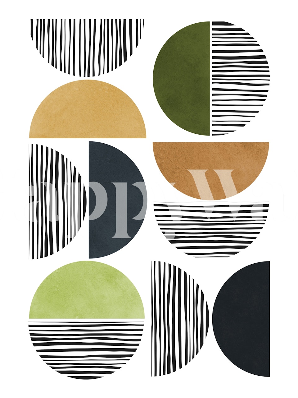Geometric abstract circles in green, black, and beige wallpaper