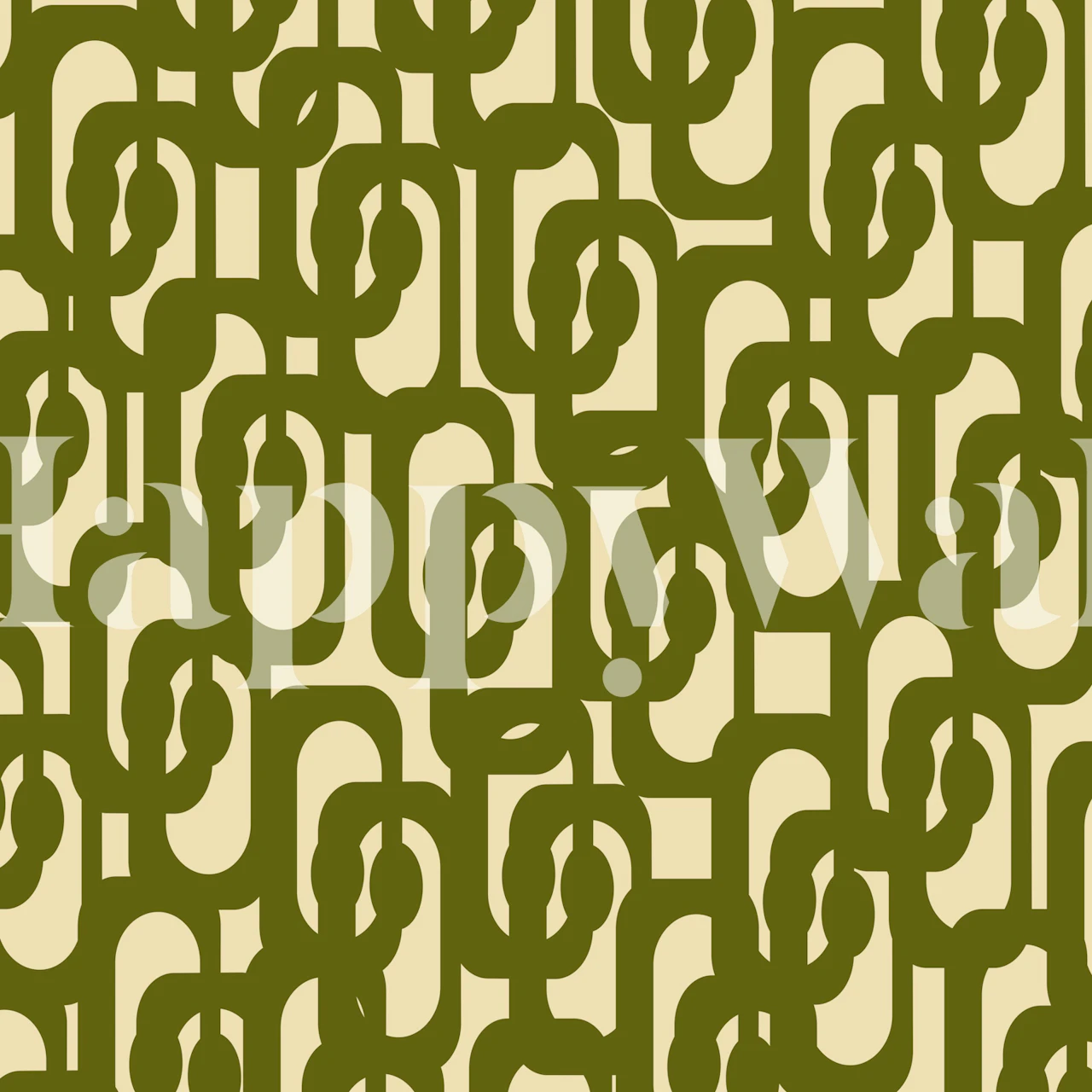 Olive green abstract loops pattern on cream wallpaper
