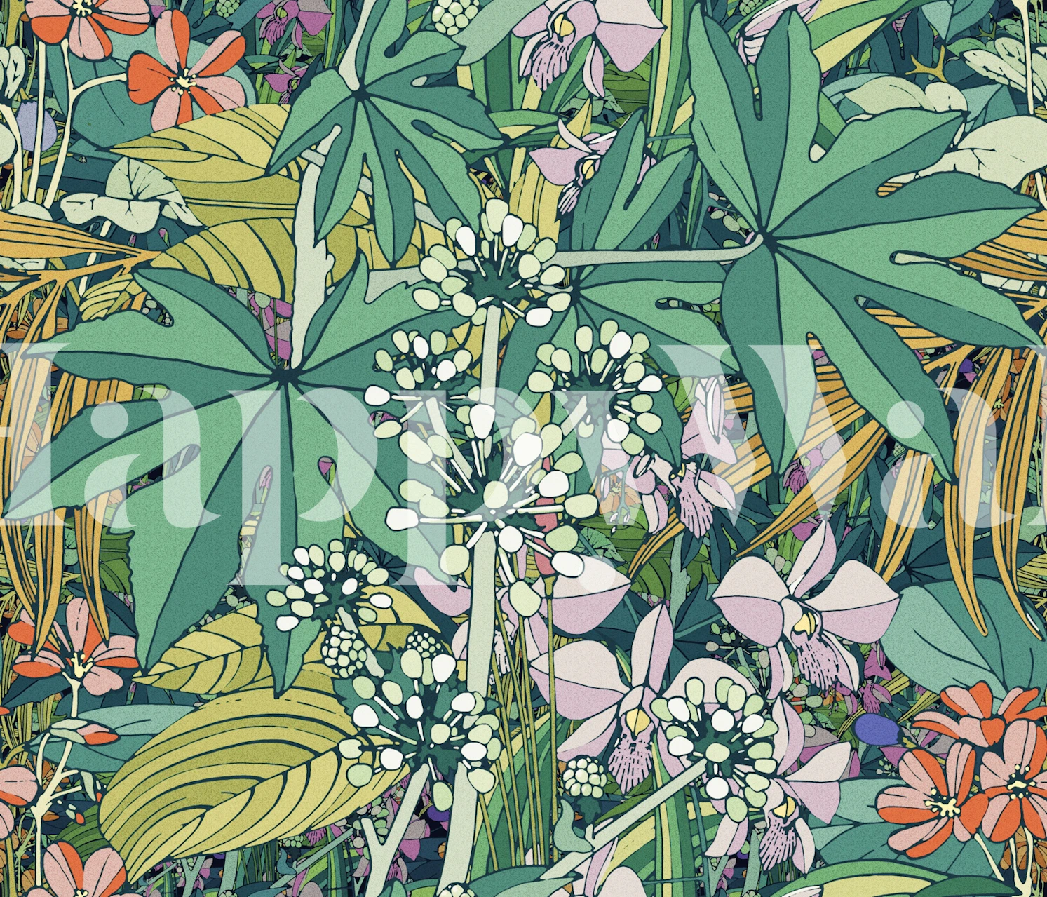 Tropical floral pattern wallpaper with green leaves and pink flowers