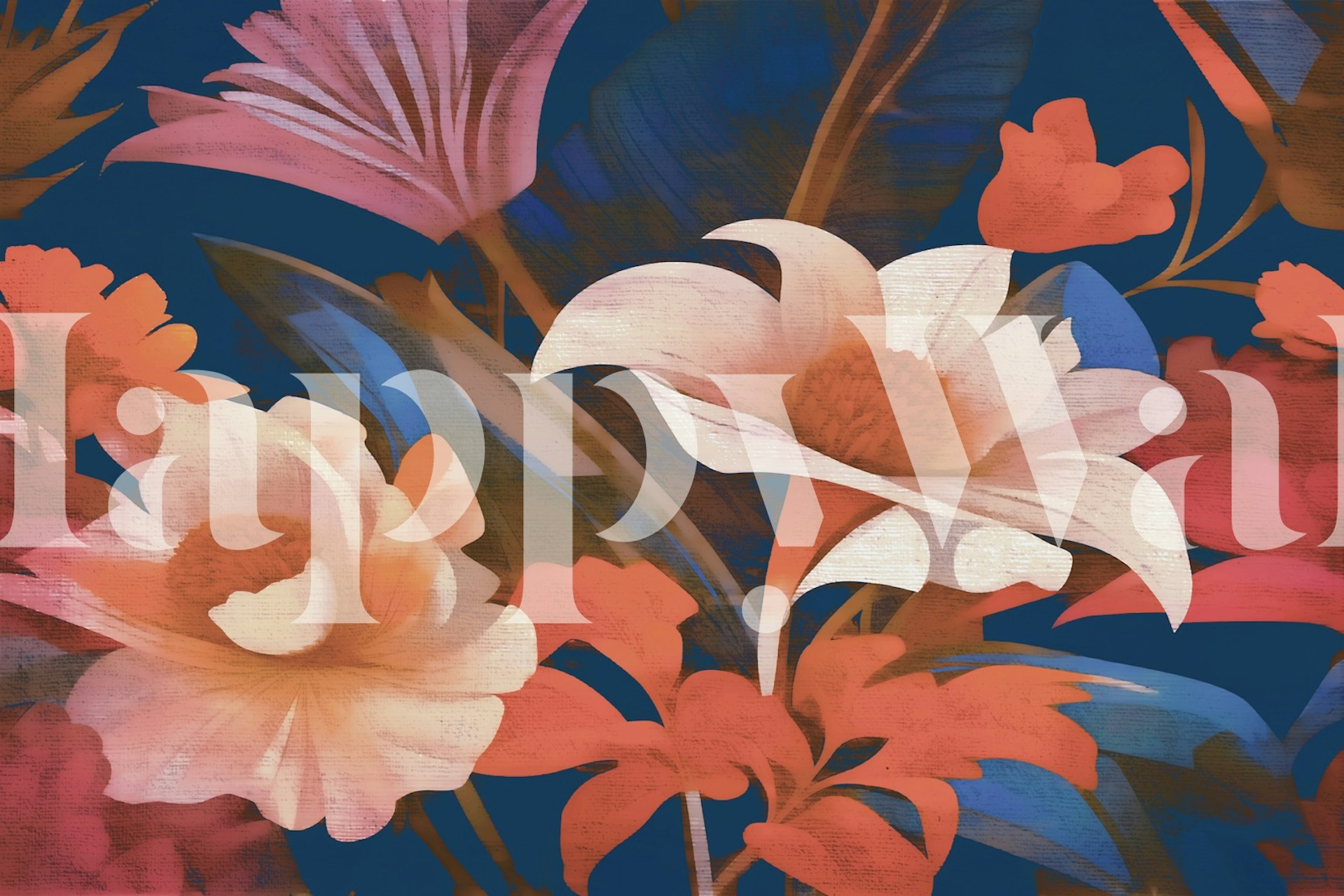 Floral patterns in shades of white, pink, and orange on dark blue wallpaper