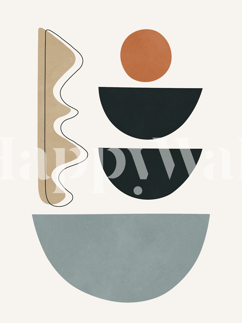 Geometric abstract shapes in earthy tones: black, beige, terracotta, and soft gray wallpaper