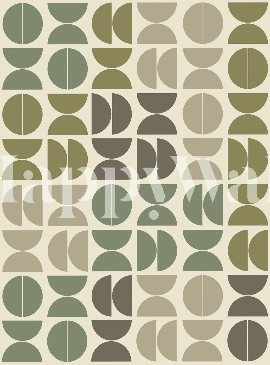 Geometric semi-circle pattern in green, beige, and grey wallpaper
