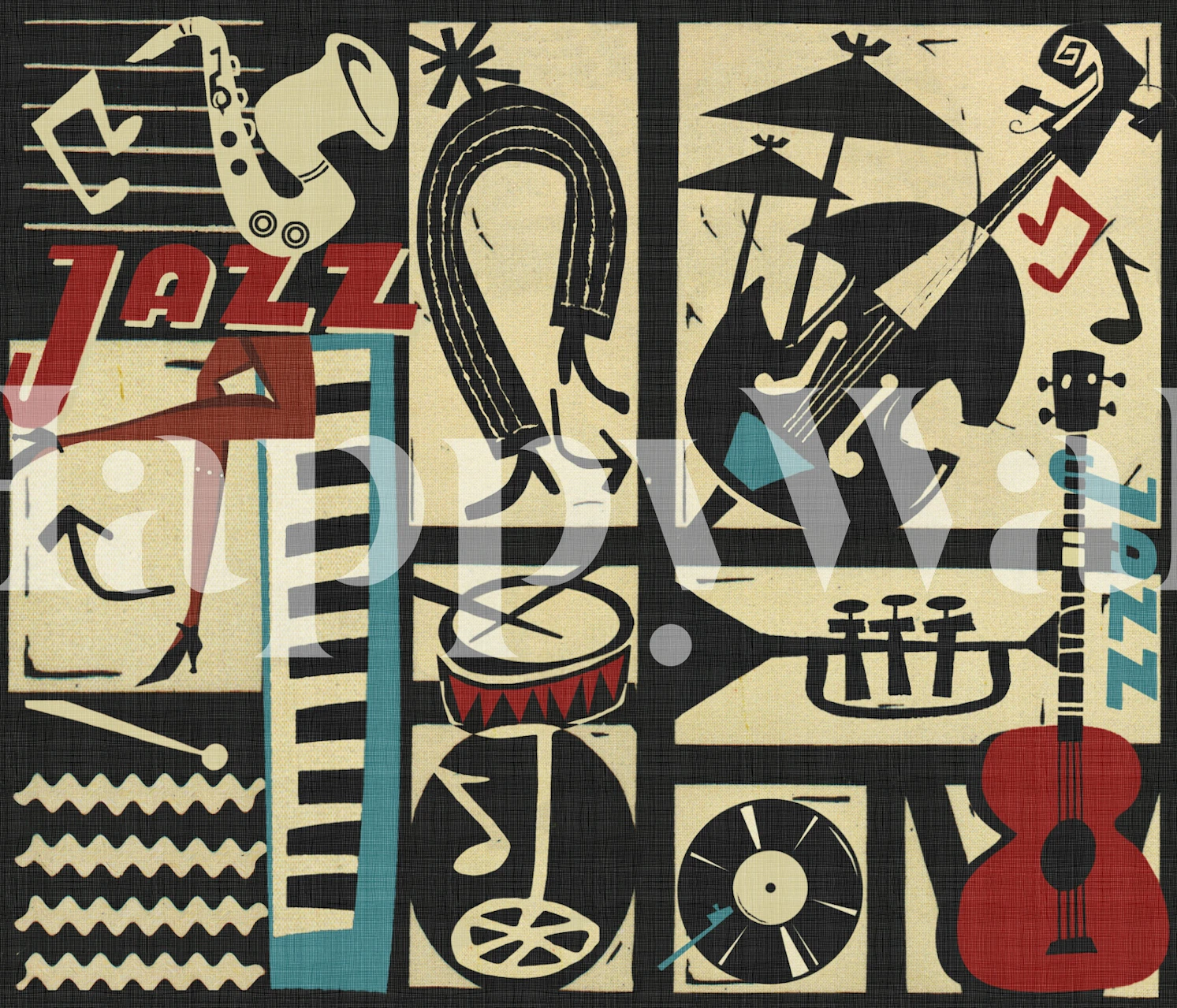 Jazz-themed wall mural with musical instruments and notes