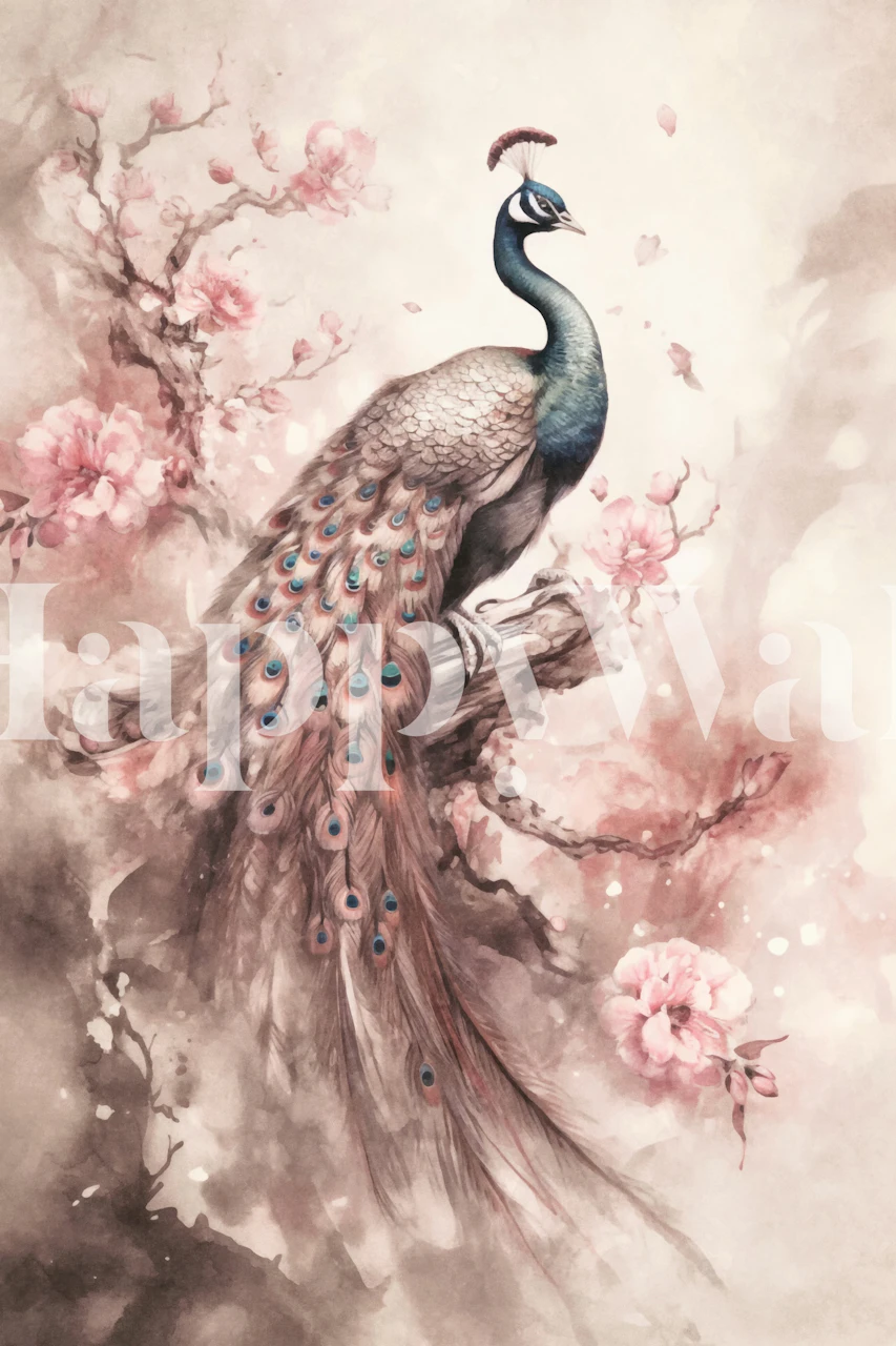 Peacock perched on branch with pink blossoms and soft hues wallpaper