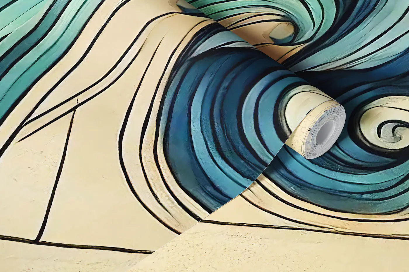 Art Deco Blue Ocean Waves wallpaper roll