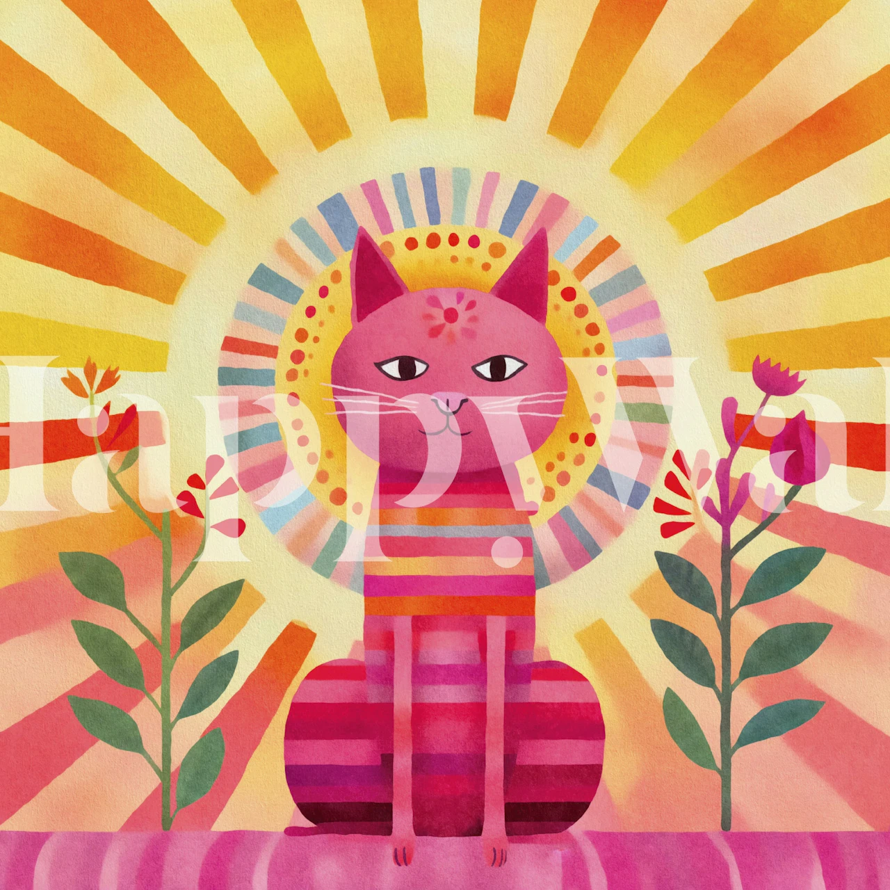 Colorful cat with stripes and sun rays wallpaper