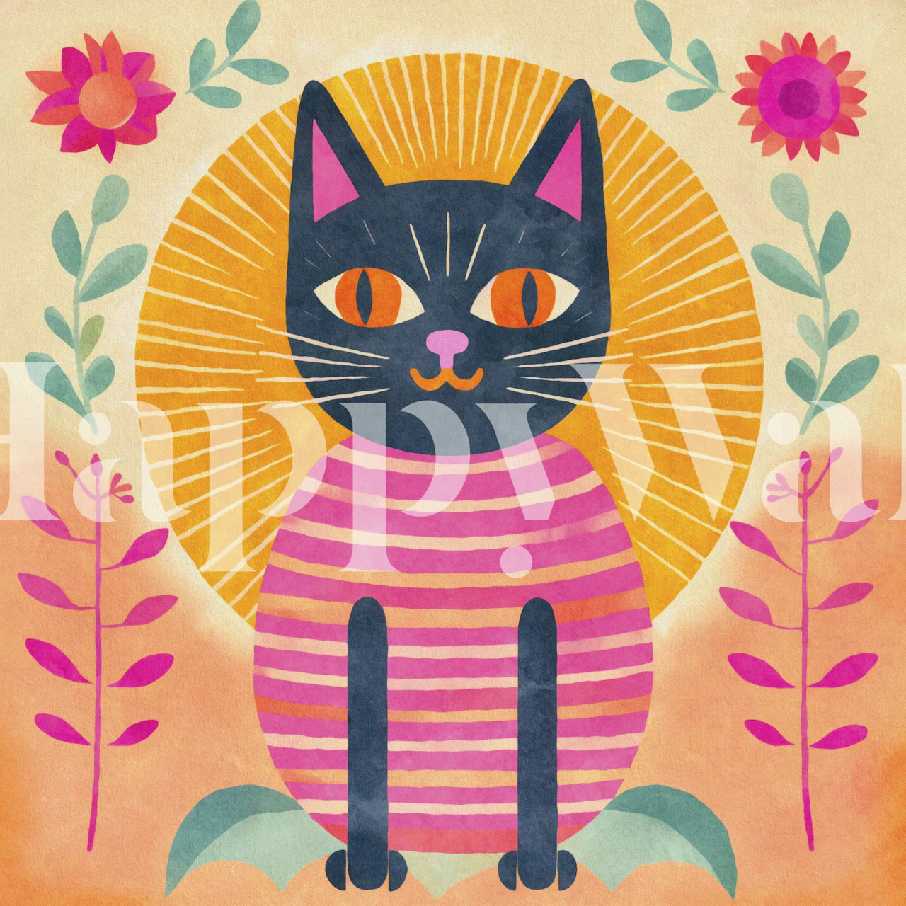 Boho cat wallpaper in room with sunrise and flowers