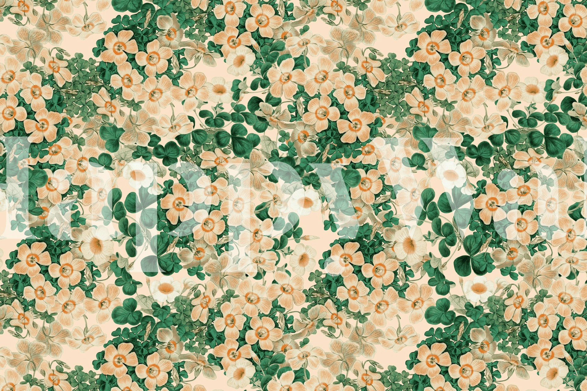 Colorful green and peach floral pattern wallpaper