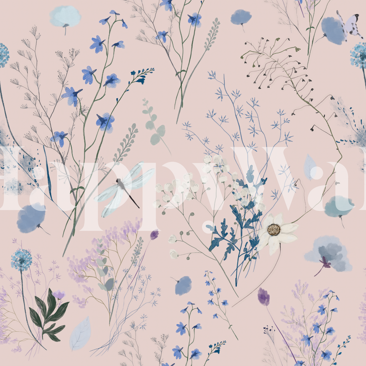 Delicate floral pattern in pastel colors on blush wallpaper