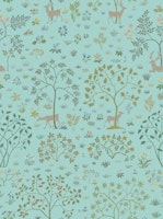 Vintage Meadow with Deer 4 on pastel blue wallpaper