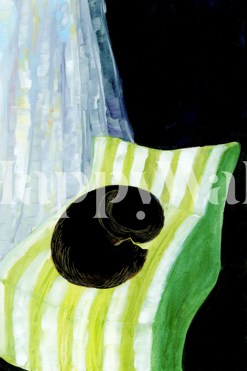 Black cat curled up on a green and white striped chair wallpaper