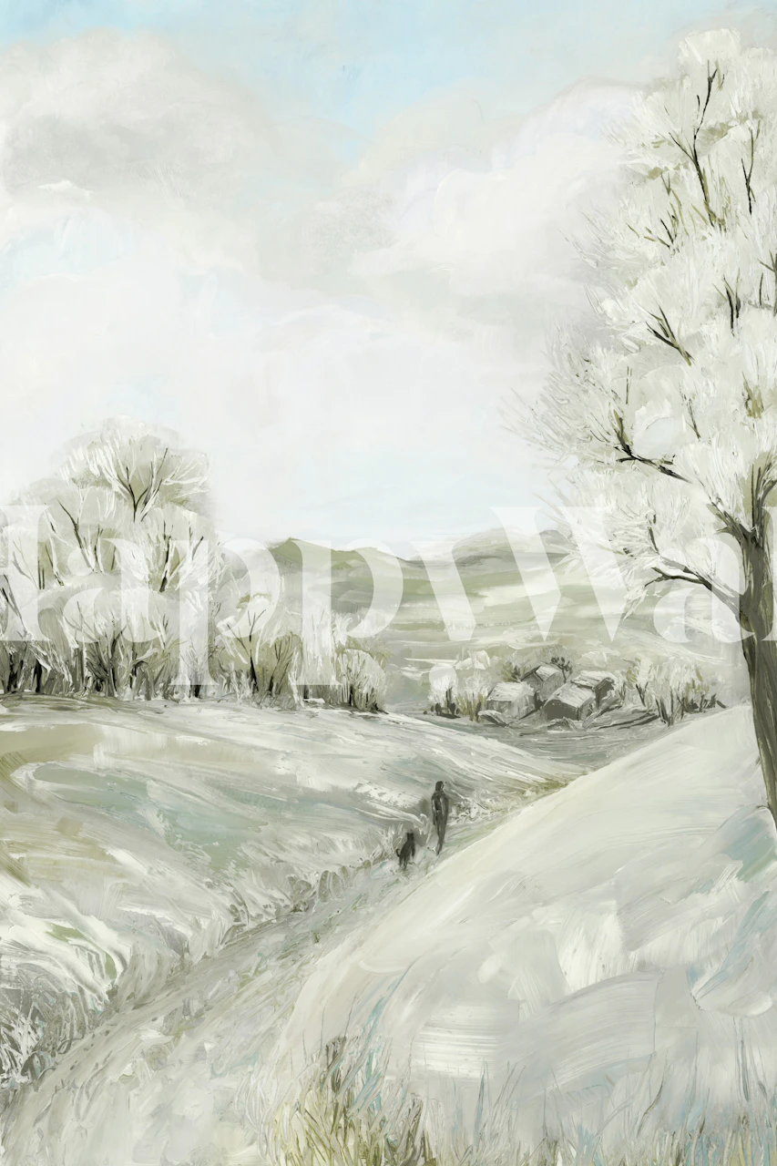 Winter landscape scene with snow-covered trees and hills wallpaper