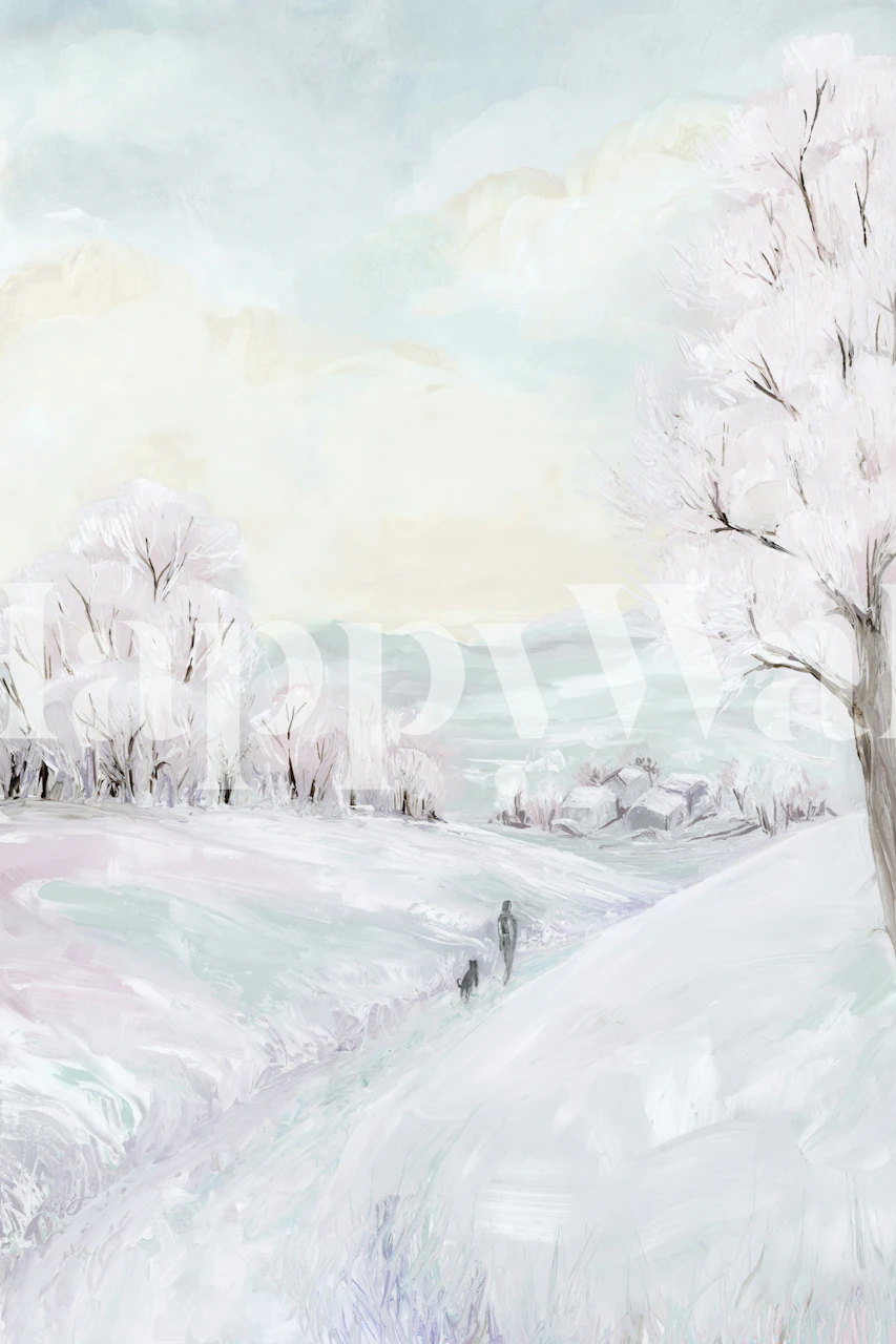 Pastel winter landscape wallpaper in a room