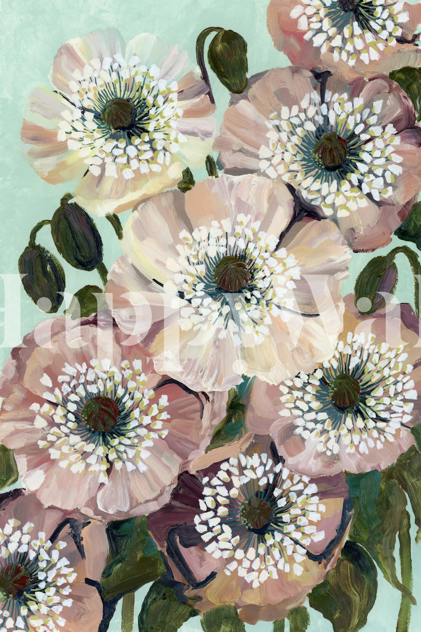 Pink floral wallpaper featuring large anemone blooms on a soft green background