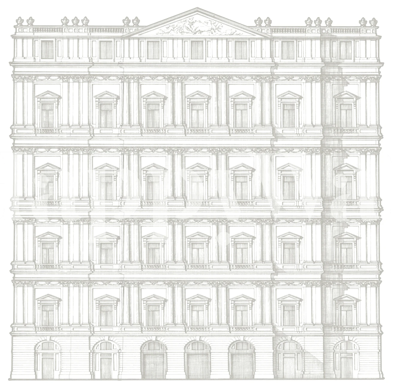 Architectural facade wallpaper in beige and gray tones