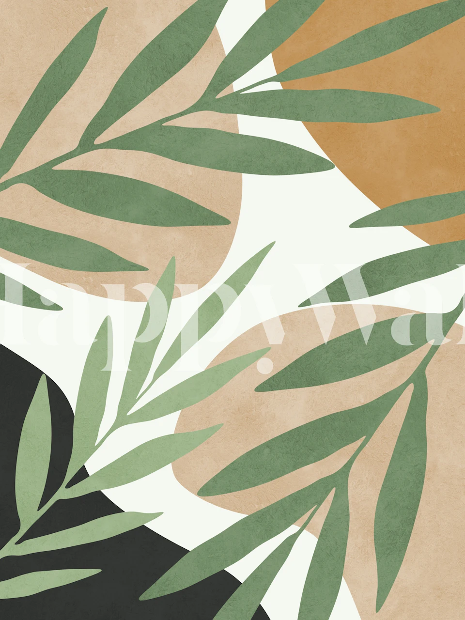 Green botanical leaves on abstract shapes in beige and black wallpaper