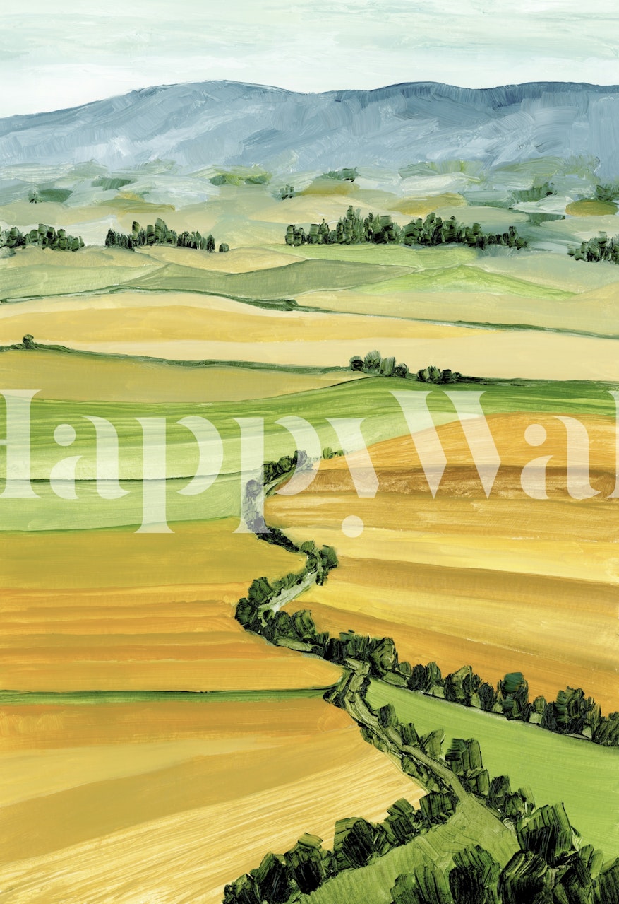 Patchwork landscape with green and yellow fields wallpaper
