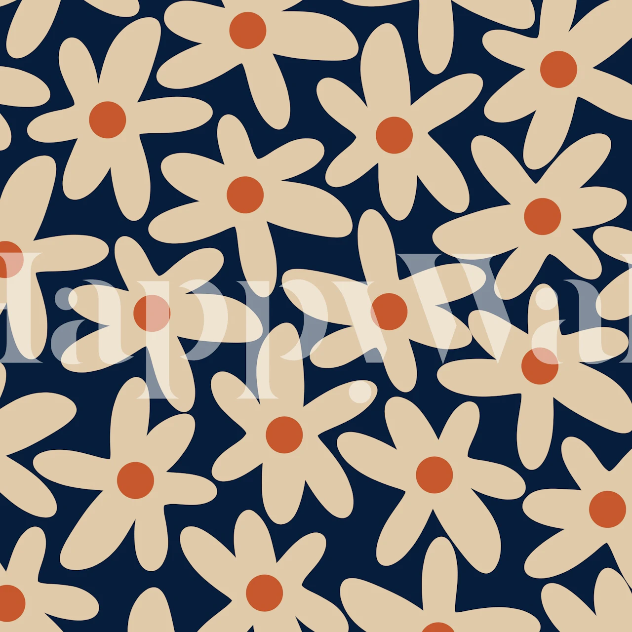 Navy blue wallpaper with large daisy flowers in cream and orange