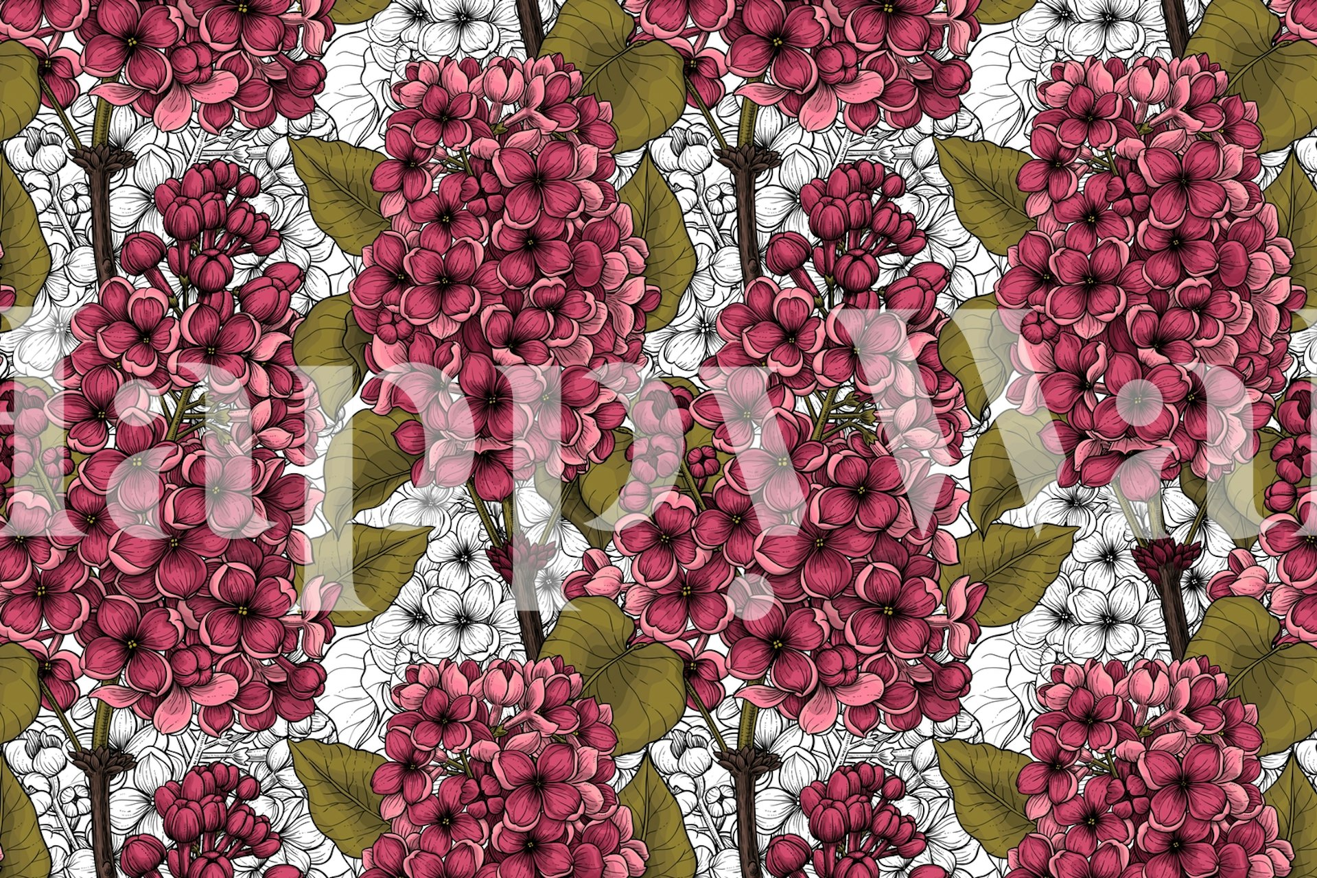 Pink floral wallpaper featuring vibrantly colored flowers with green leaves on a white background.