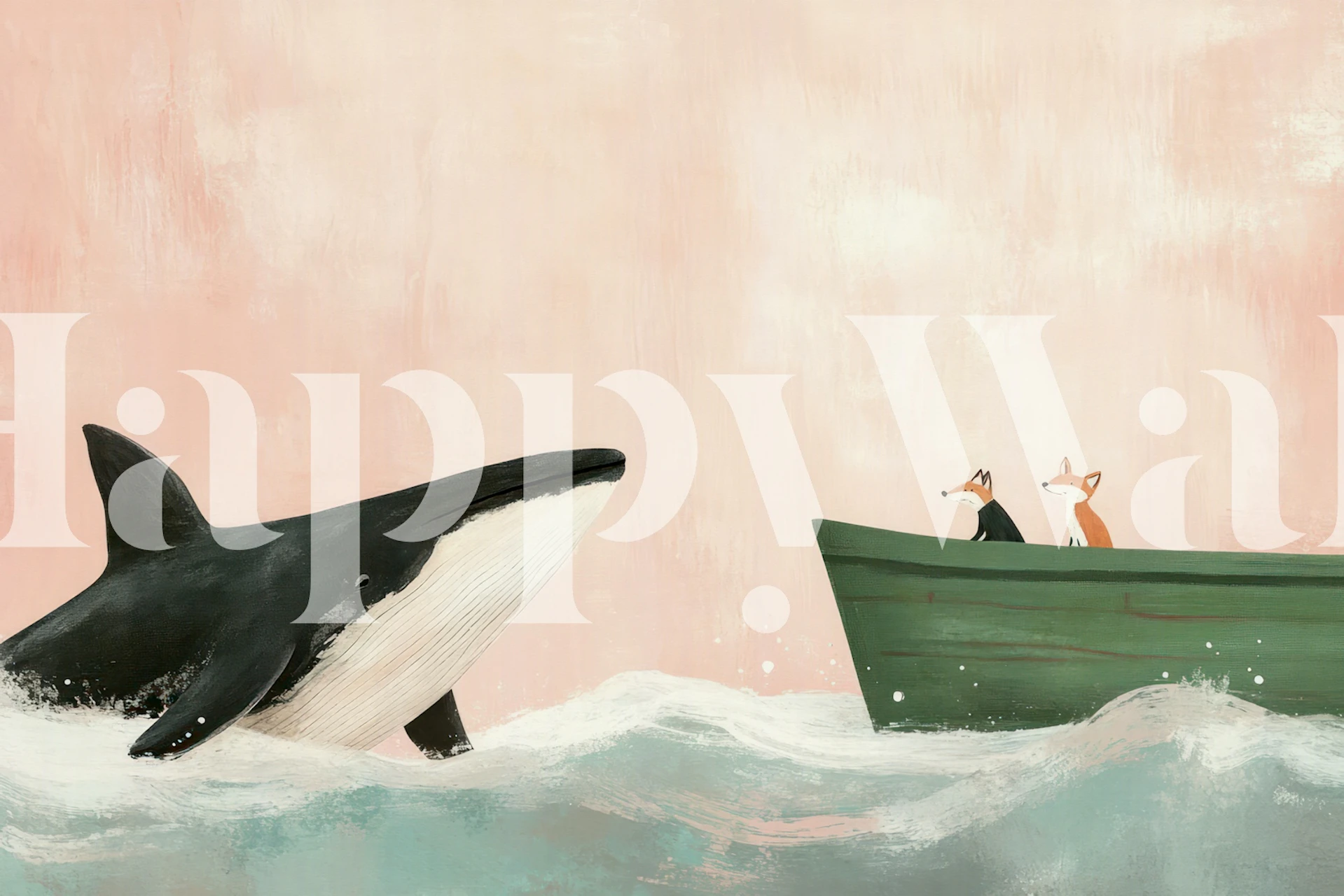 Whale and fox characters with ocean waves and soft pink background wallpaper