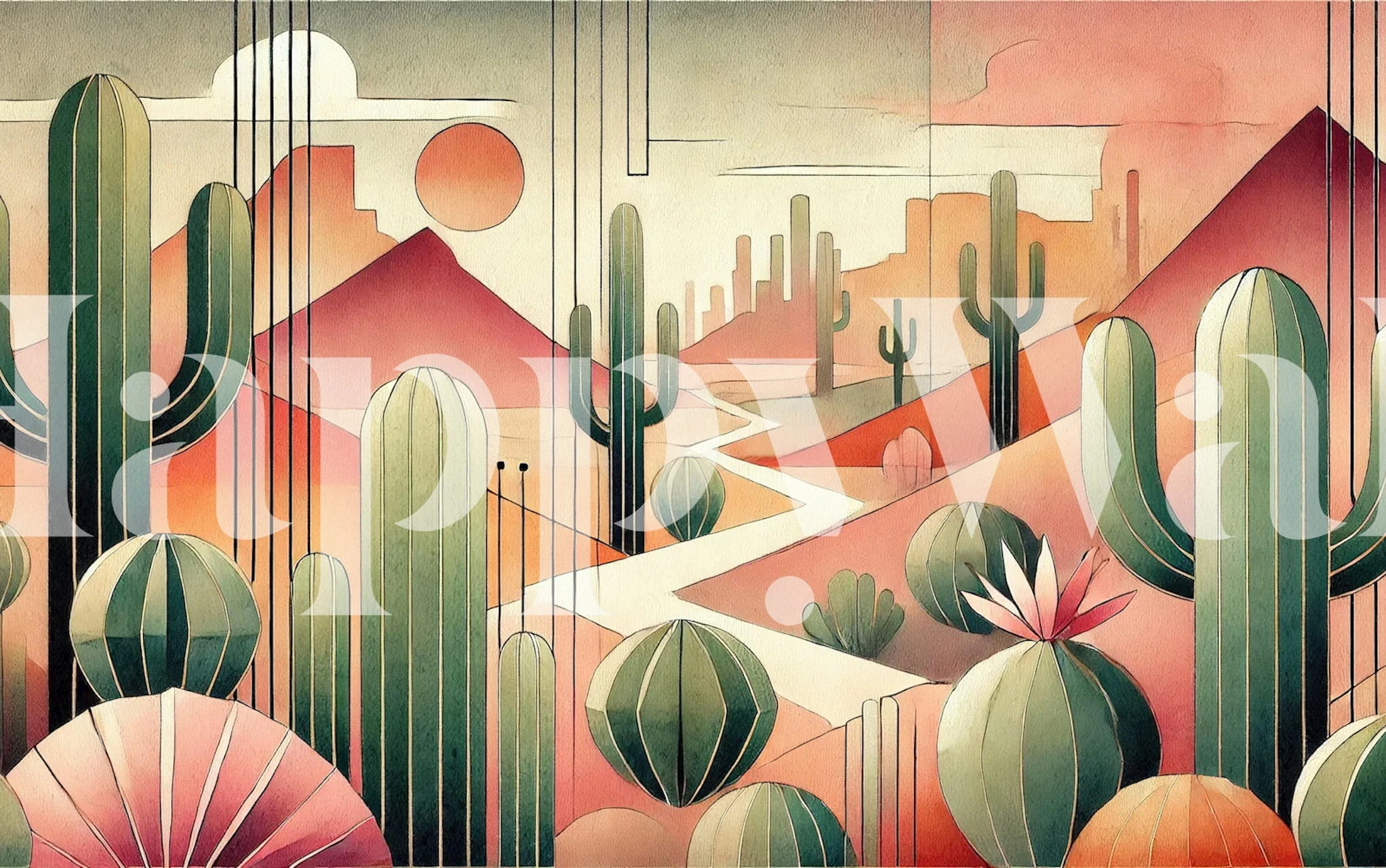 Cactus and sunset landscape with mountains in soft colors wallpaper