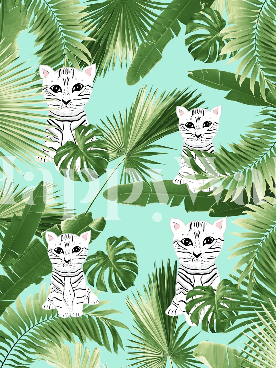 Illustration of baby cats in a tropical jungle with green foliage on a teal background wall mural