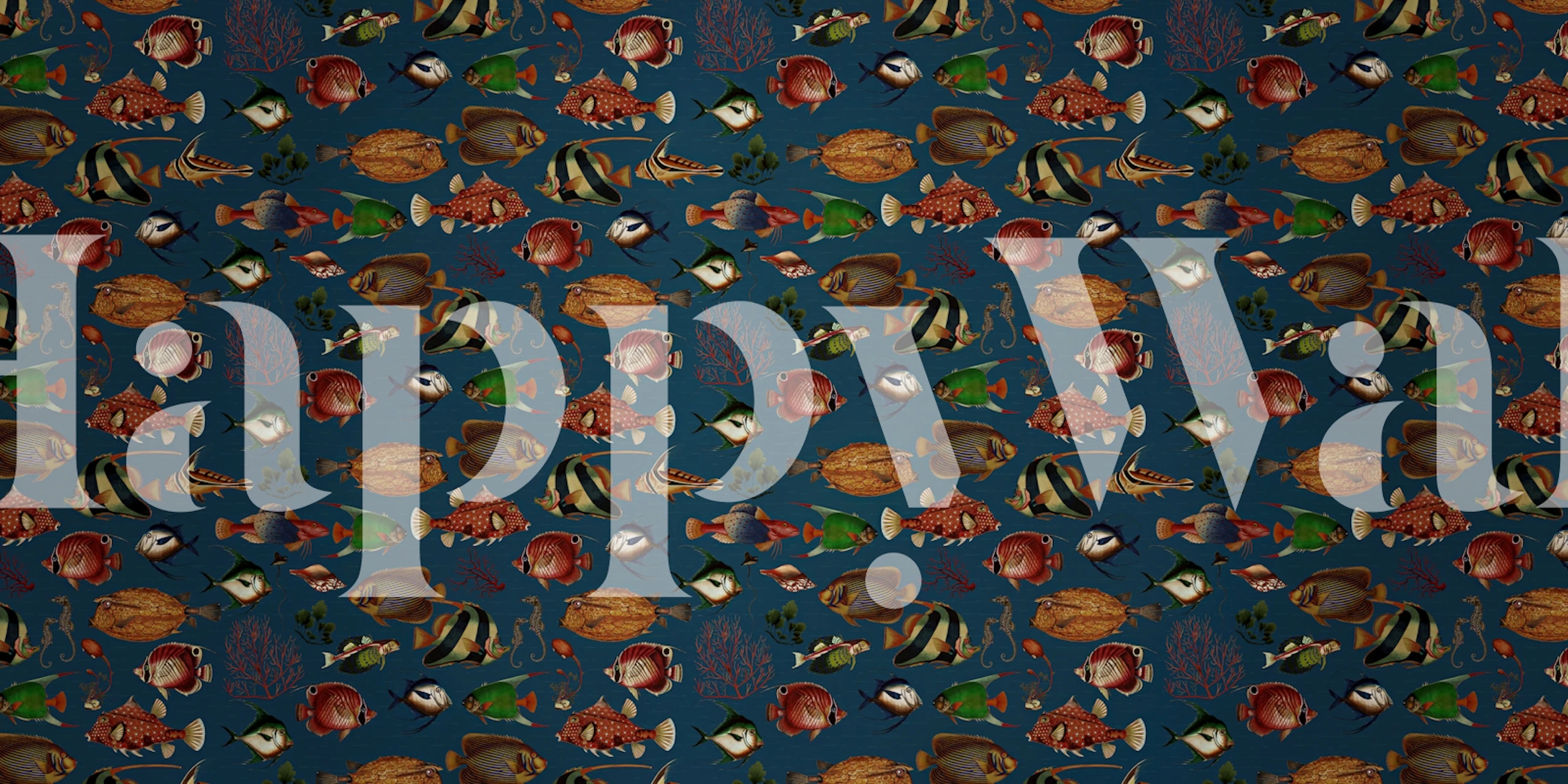 Tropical fish and coral pattern in vivid colors on navy background wallpaper