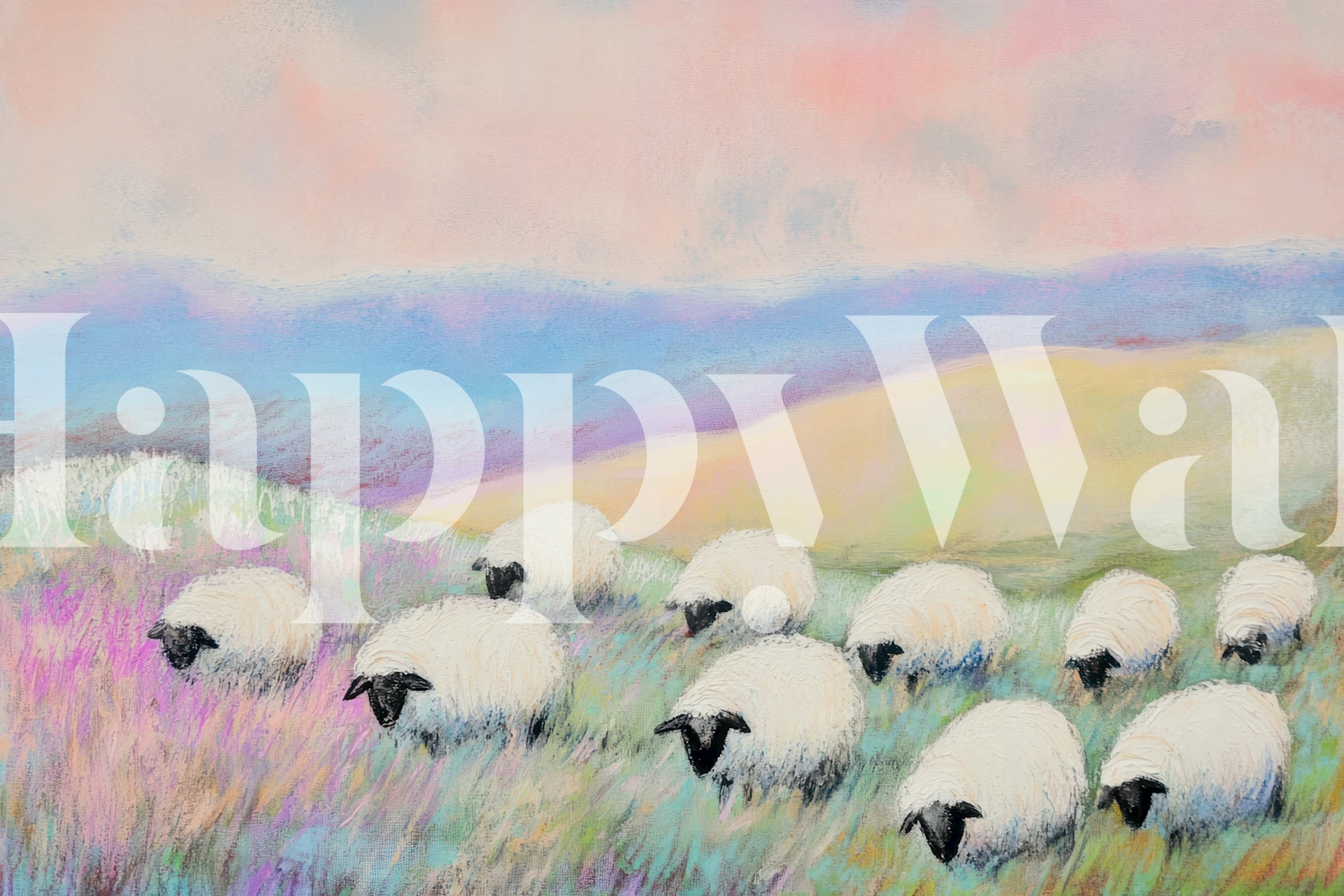 Pastel calm herd hillside wallpaper in a room